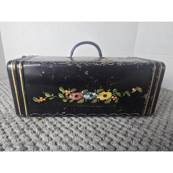 Vintage Toleware Black Metal Box Hand Painted Floral Sewing Vanity Tin Rustic - Picture 1 of 10